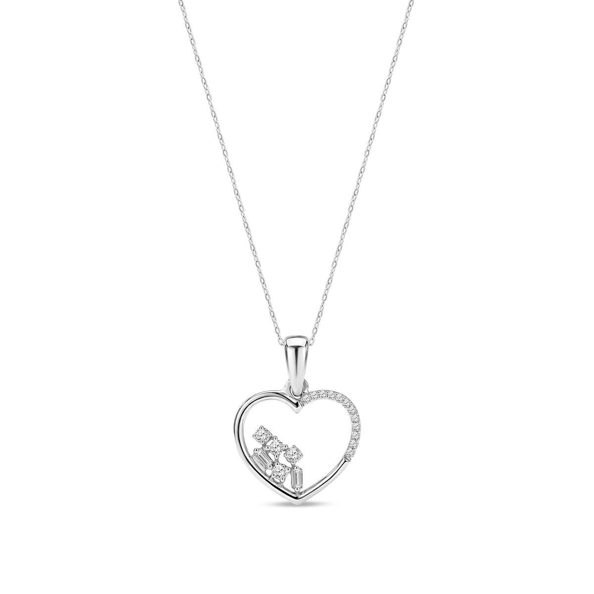 9ct White Gold Natural Mixed Cut Diamond Scatter Open Heart Pendant