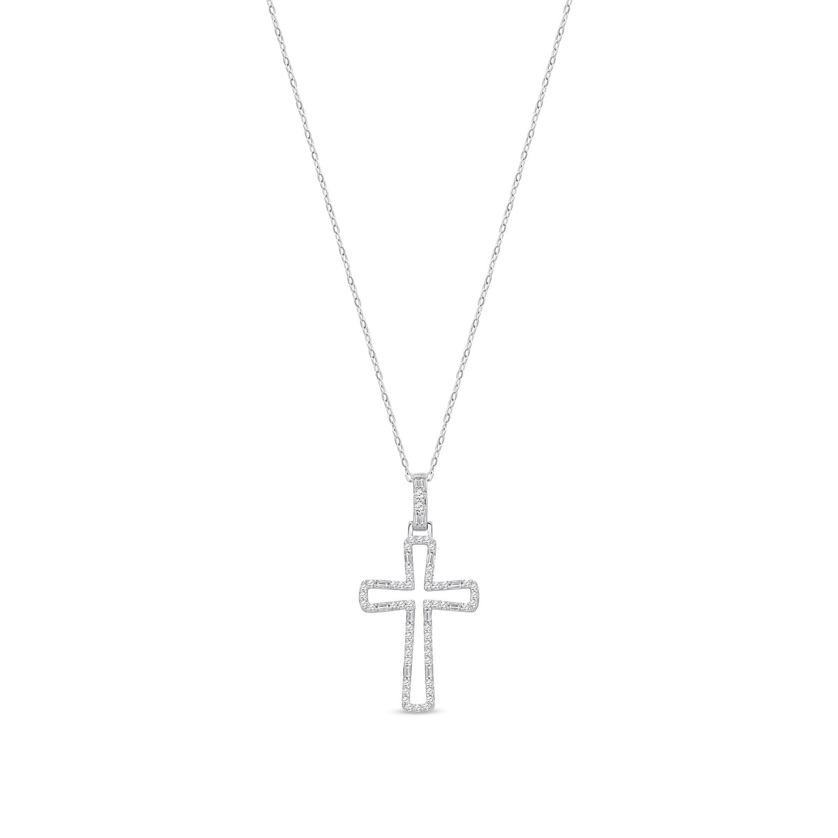 9ct White Gold Natural Baguette & Round Diamond Open Cross Pendant