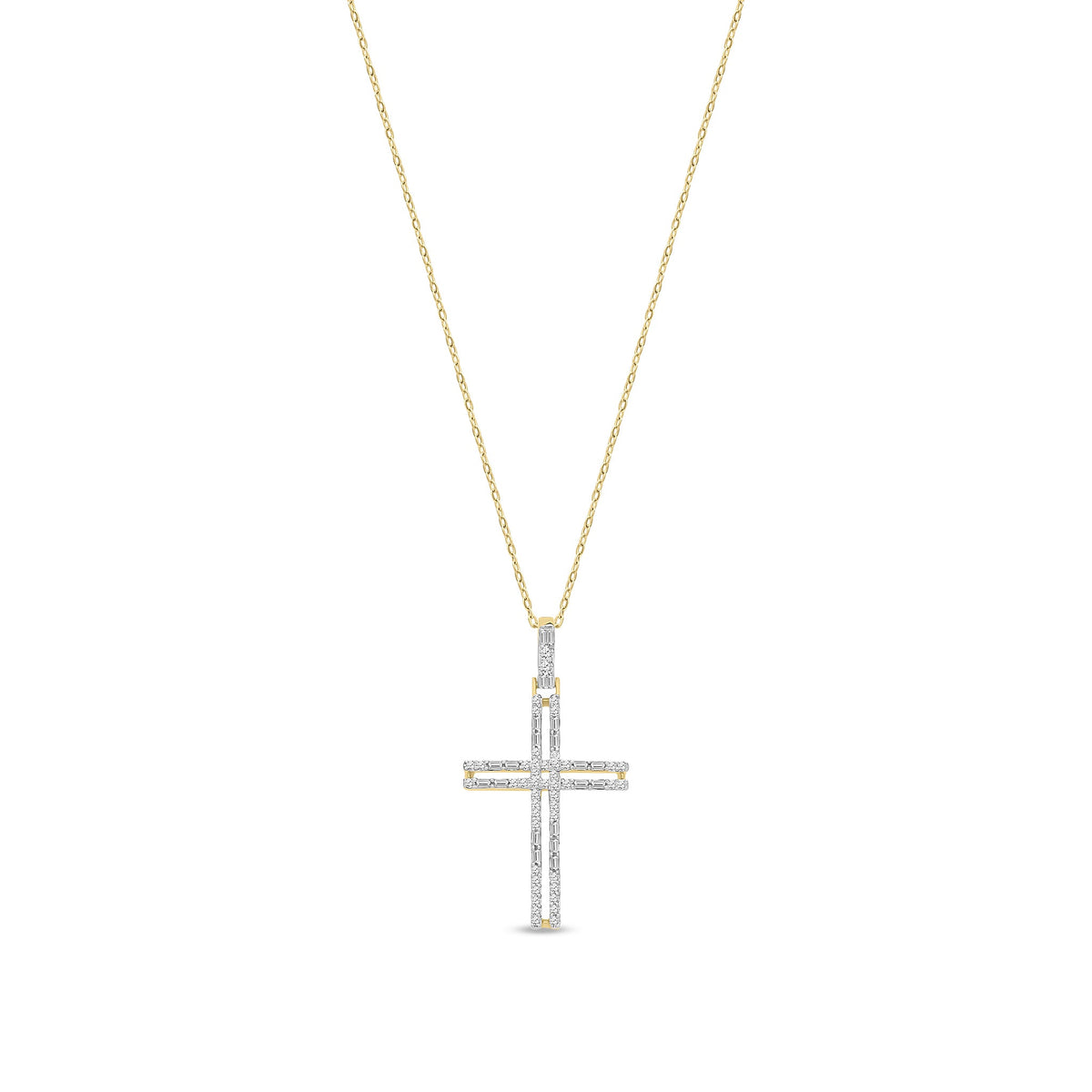 9ct Yellow Gold Natural Baguette & Round Diamond Cross Pendant