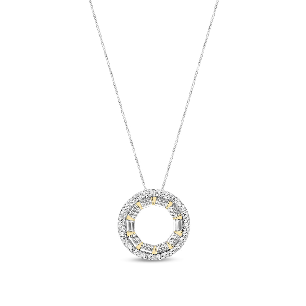 18ct Yellow Gold Natural Baguette & Round Diamond Double Circle Halo Pendant