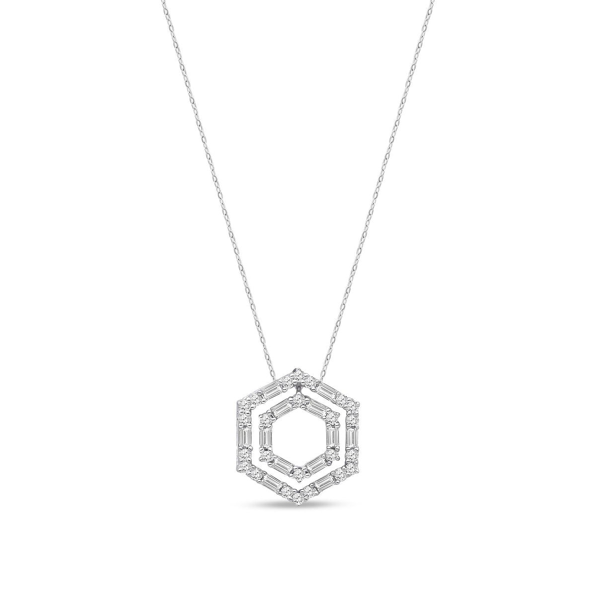 18ct White Gold Natural Baguette & Round Diamond Double Hexagon Pendant