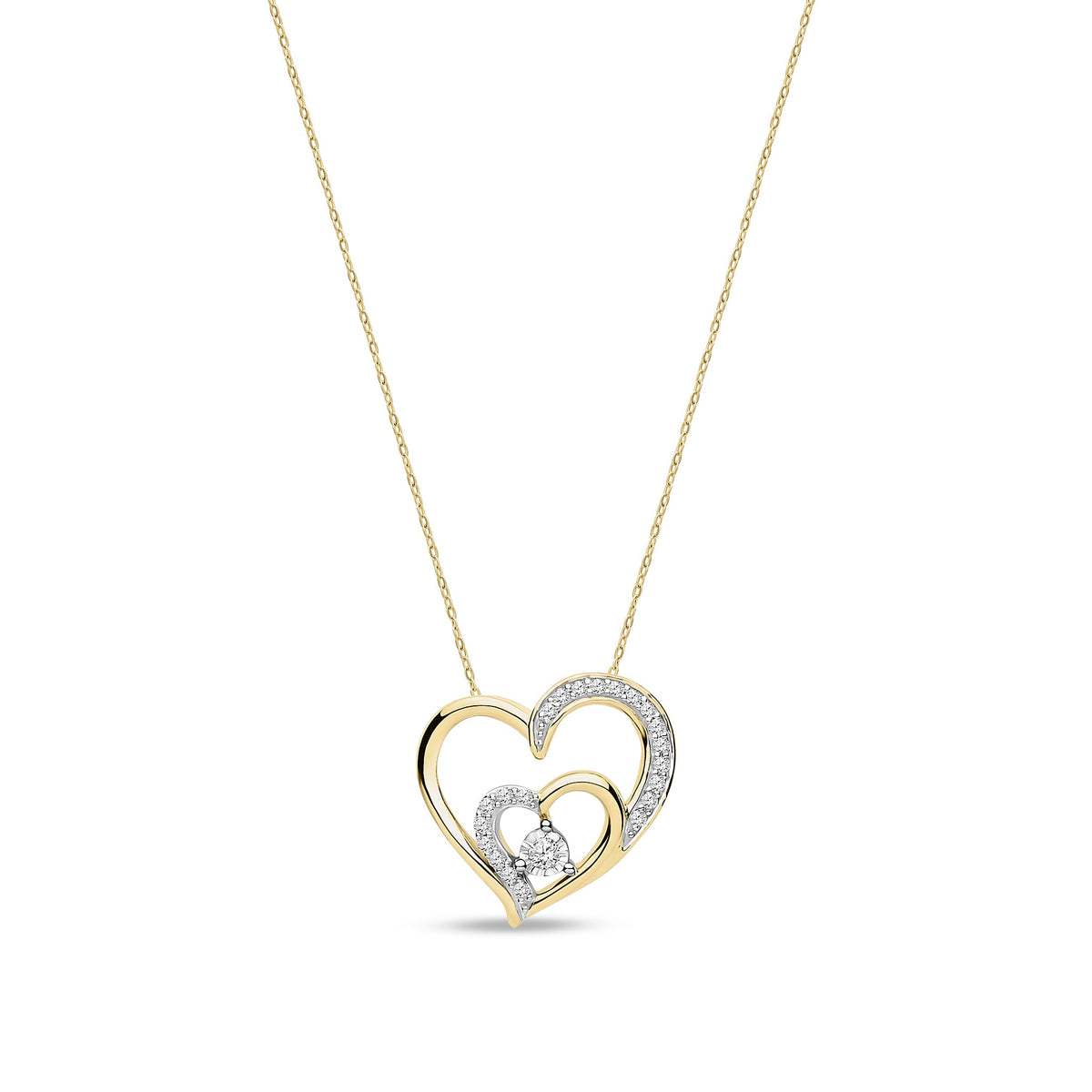9ct Yellow Gold Natural Diamond Double Heart Solitaire Pendant