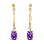 9ct Yellow Gold Oval Natural Amethyst Claw Bar Drop Earrings — 7x5mm