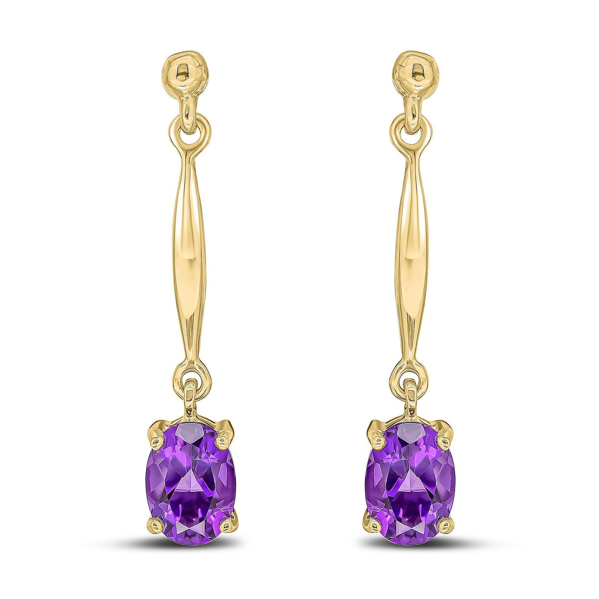 9ct Yellow Gold Oval Natural Amethyst Claw Bar Drop Earrings — 7x5mm