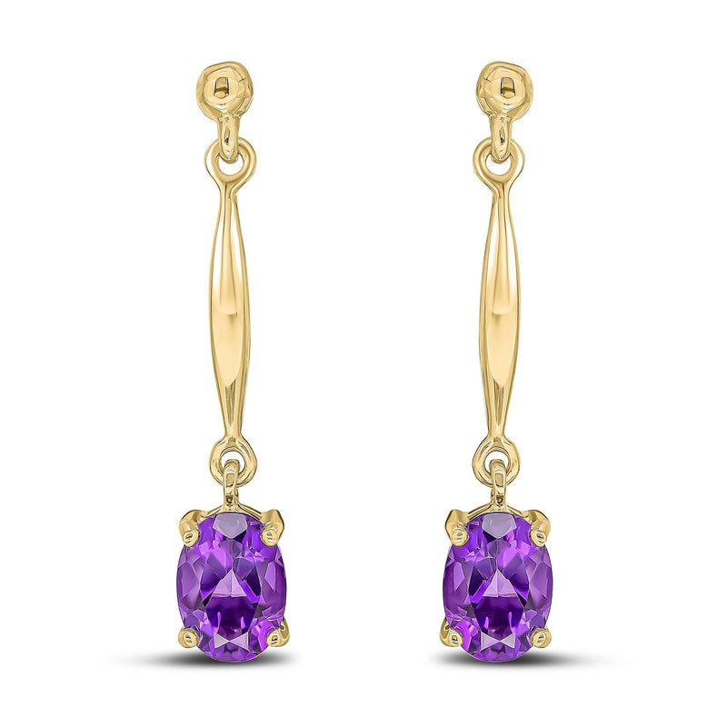 9ct Yellow Gold Oval Natural Amethyst Claw Bar Drop Earrings — 7x5mm