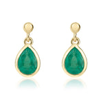 9ct Yellow Gold Pear Shaped Natural Emerald Rubover Drop Earrings — 7x5mm