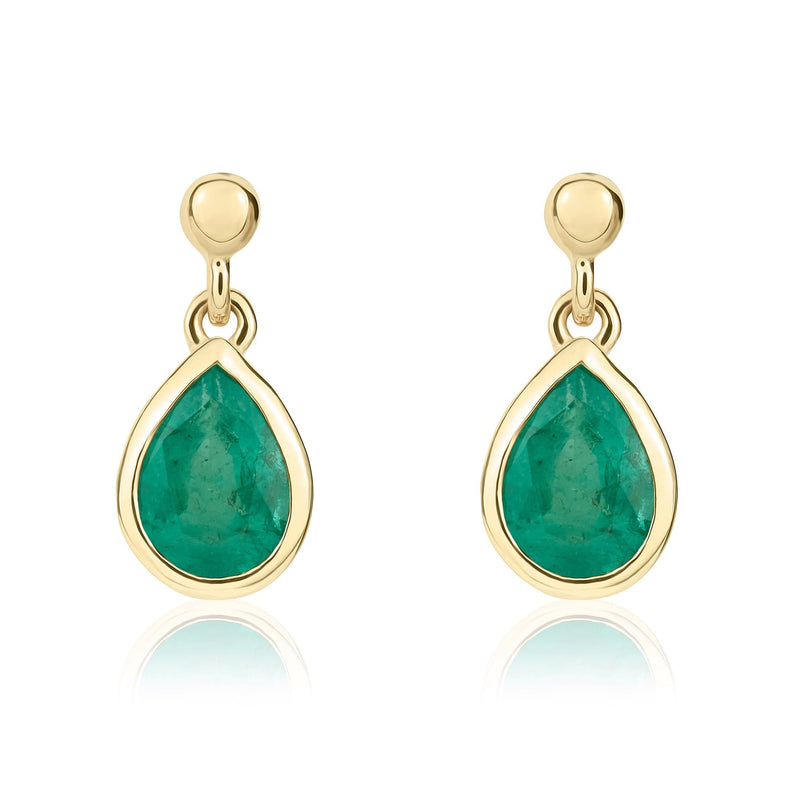 9ct Yellow Gold Pear Shaped Natural Emerald Rubover Drop Earrings — 7x5mm