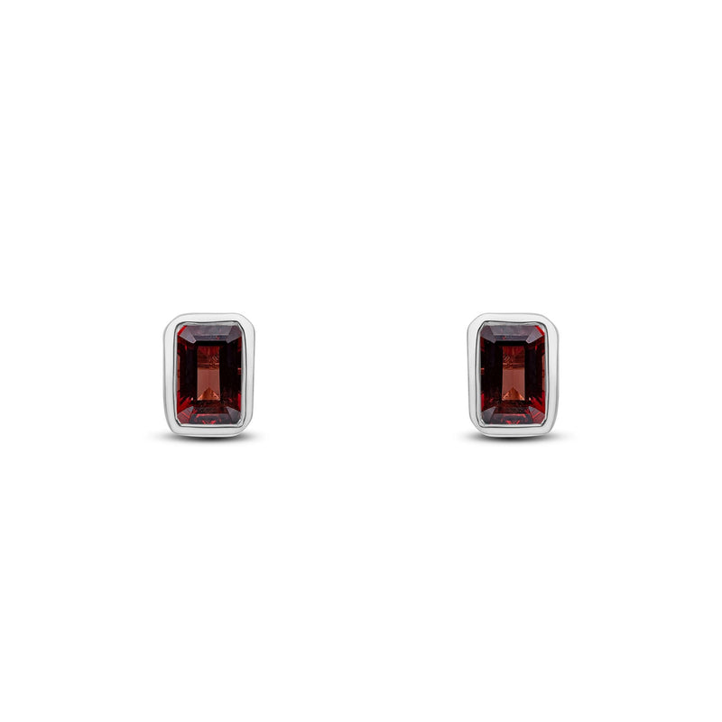 9ct White Gold Octagonal Emerald Cut Natural Garnet Rubover Stud Earrings — 5x3mm