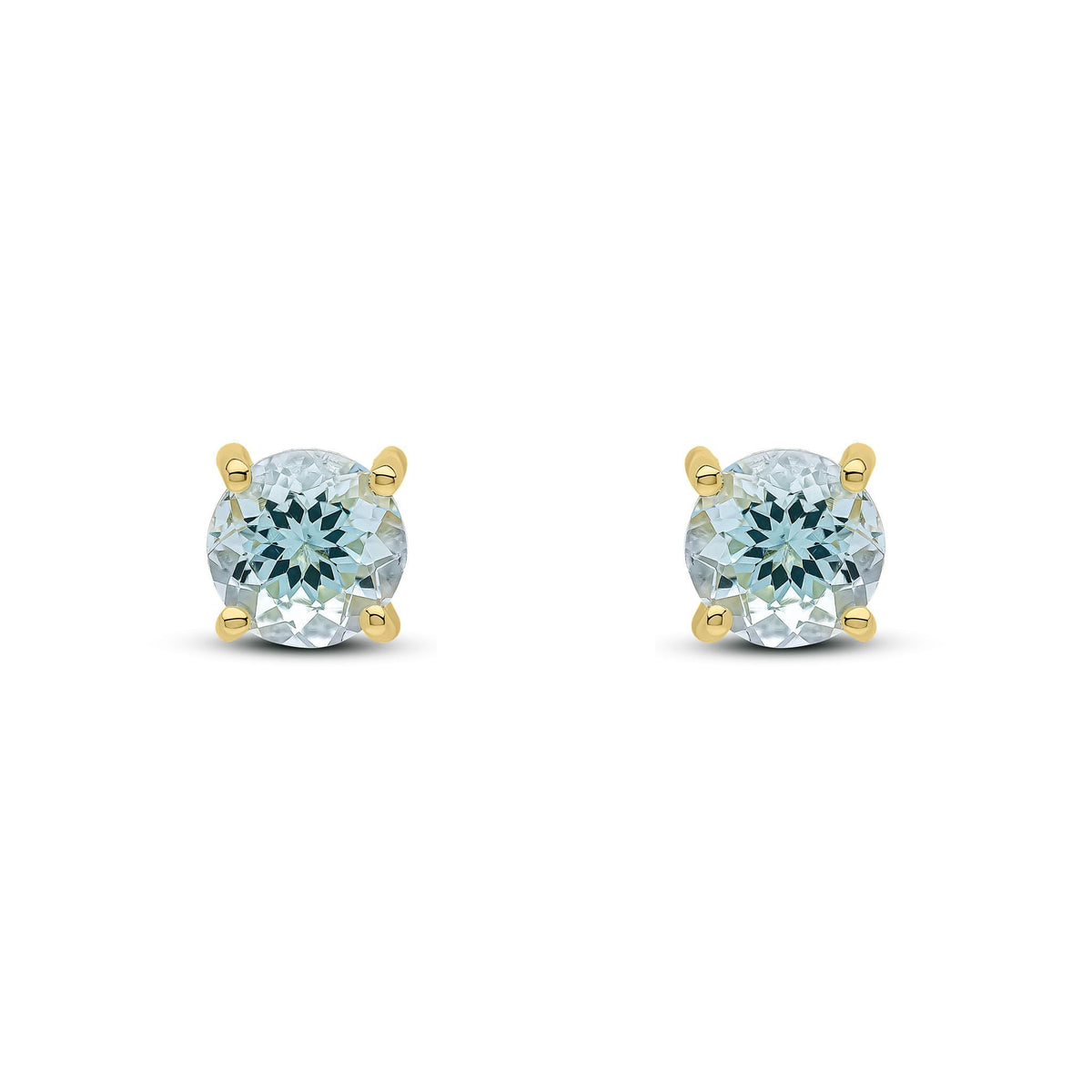 9ct Yellow Gold Round Natural Aquamarine Claw Stud Earrings — 6mm