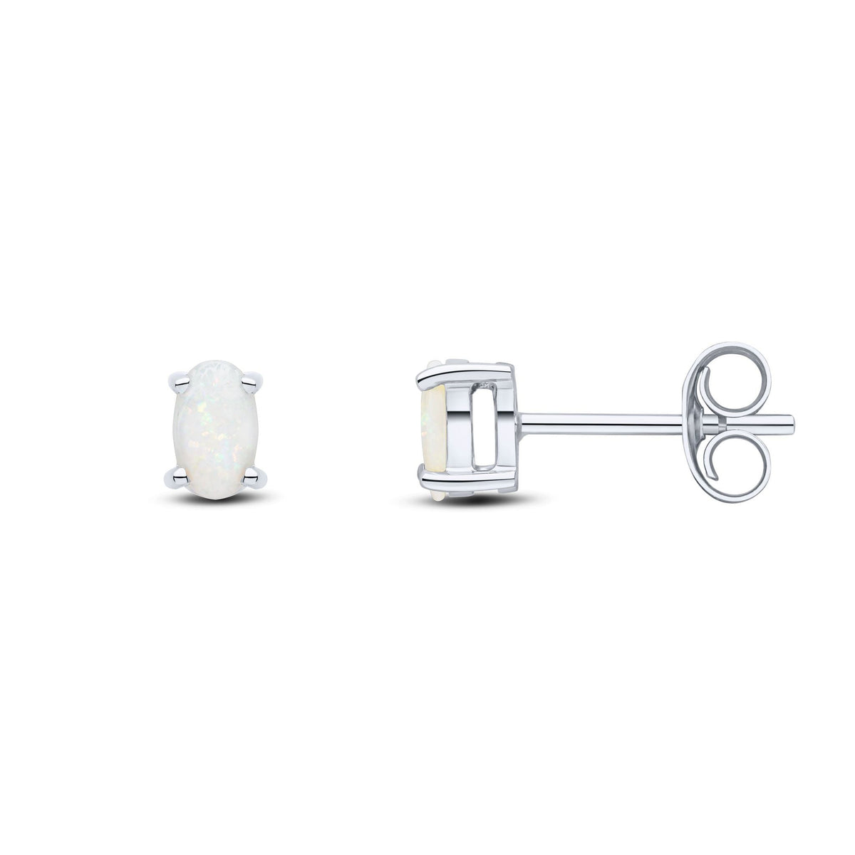 9ct White Gold Oval Natural Opal Claw Stud Earrings — 5x3mm