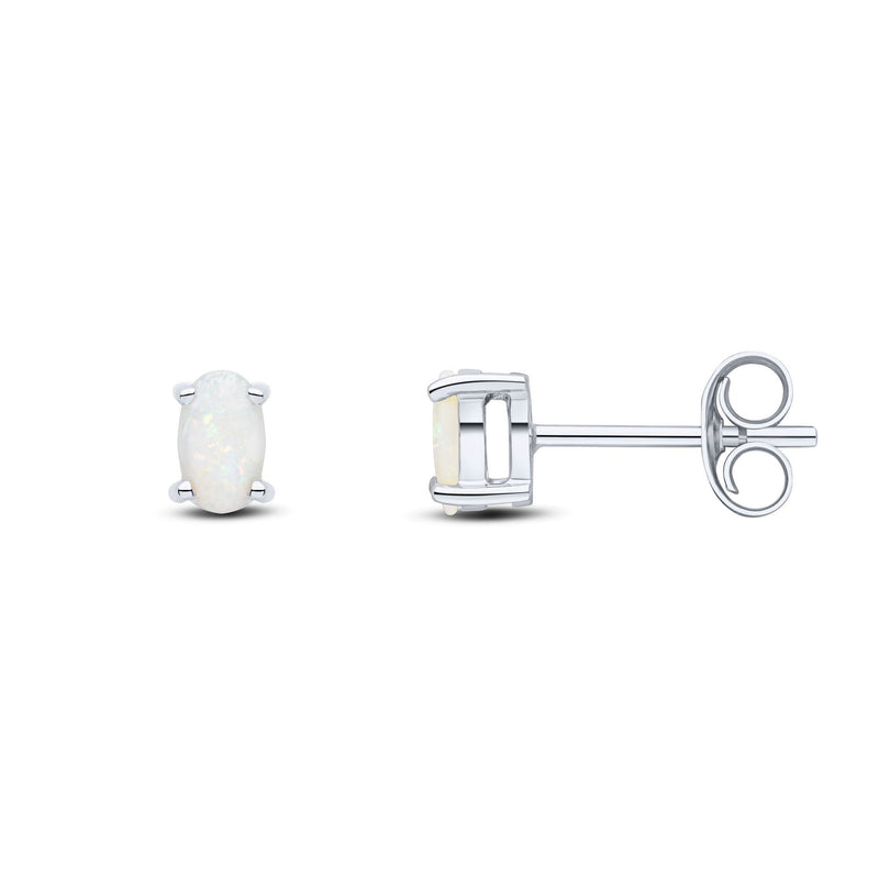 9ct White Gold Oval Natural Opal Claw Stud Earrings — 5x3mm