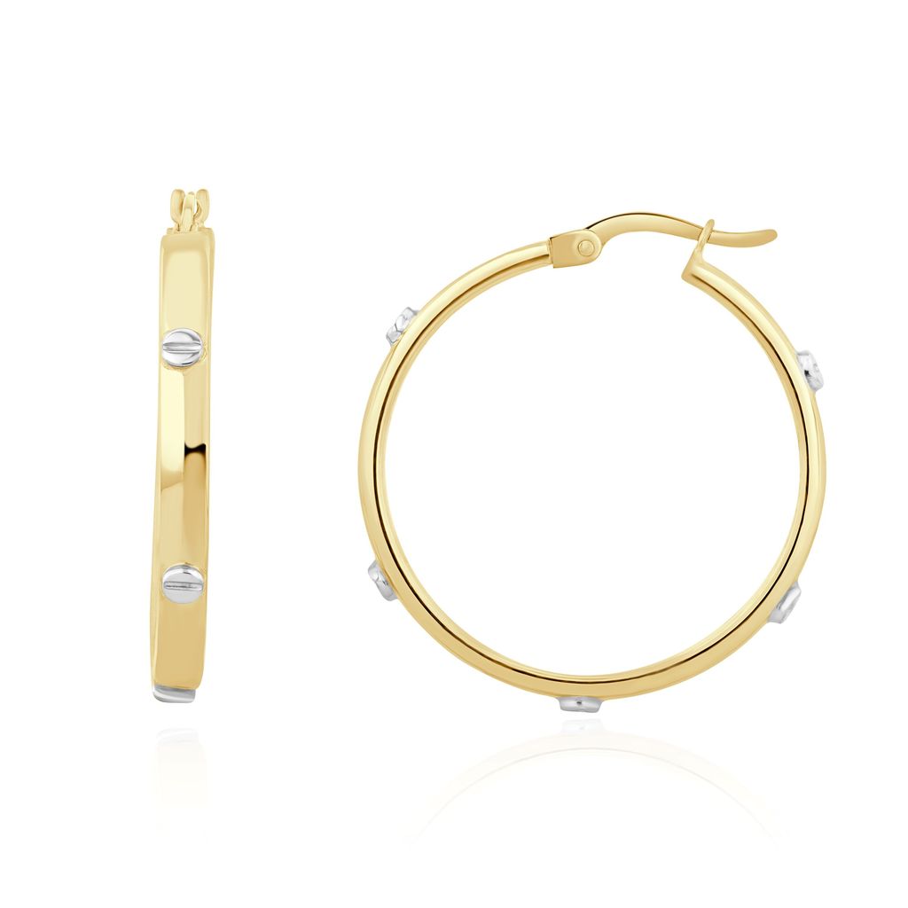 9ct Two Tone Gold Square Profile Hoop Earrings with Screw Motifs — 28mm