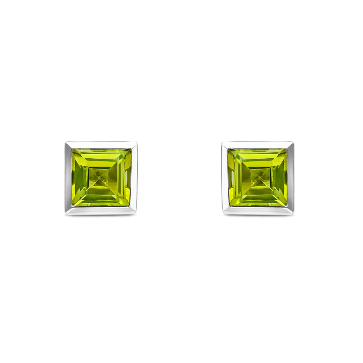 9ct White Gold Square Natural Peridot Rubover Stud Earrings — 5mm