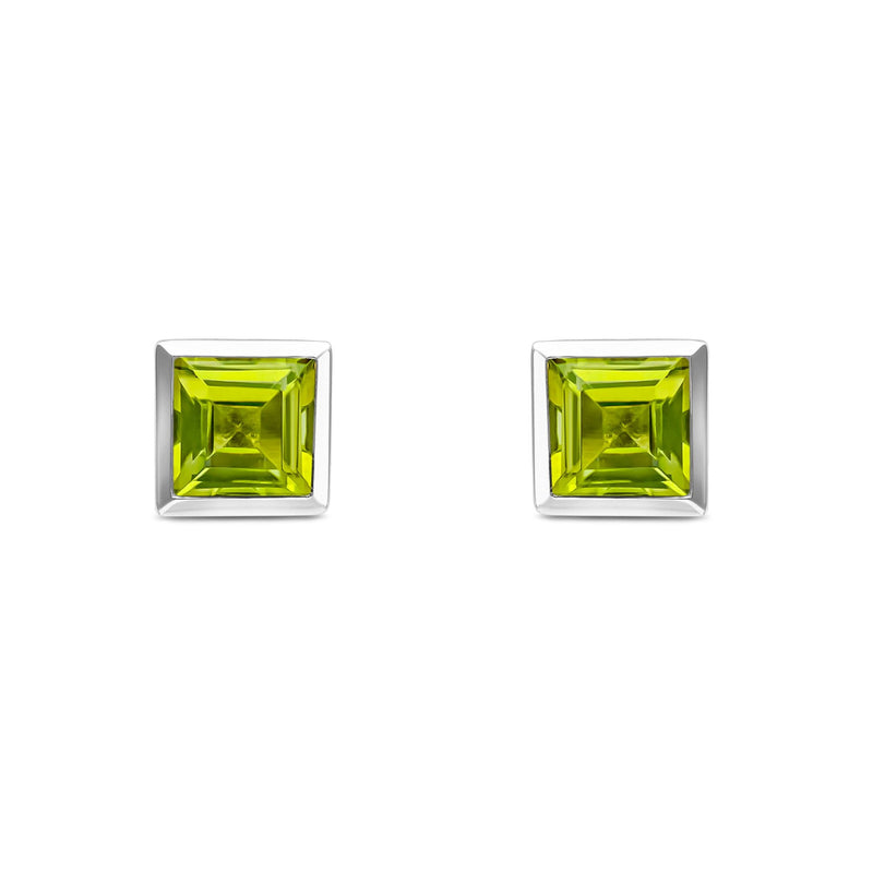 9ct White Gold Square Natural Peridot Rubover Stud Earrings — 5mm