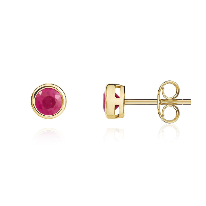 9ct Yellow Gold Round Natural Ruby Rubover Stud Earrings — 4mm