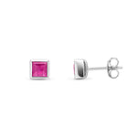 9ct White Gold Square Natural Ruby Rubover Stud Earrings — 3mm