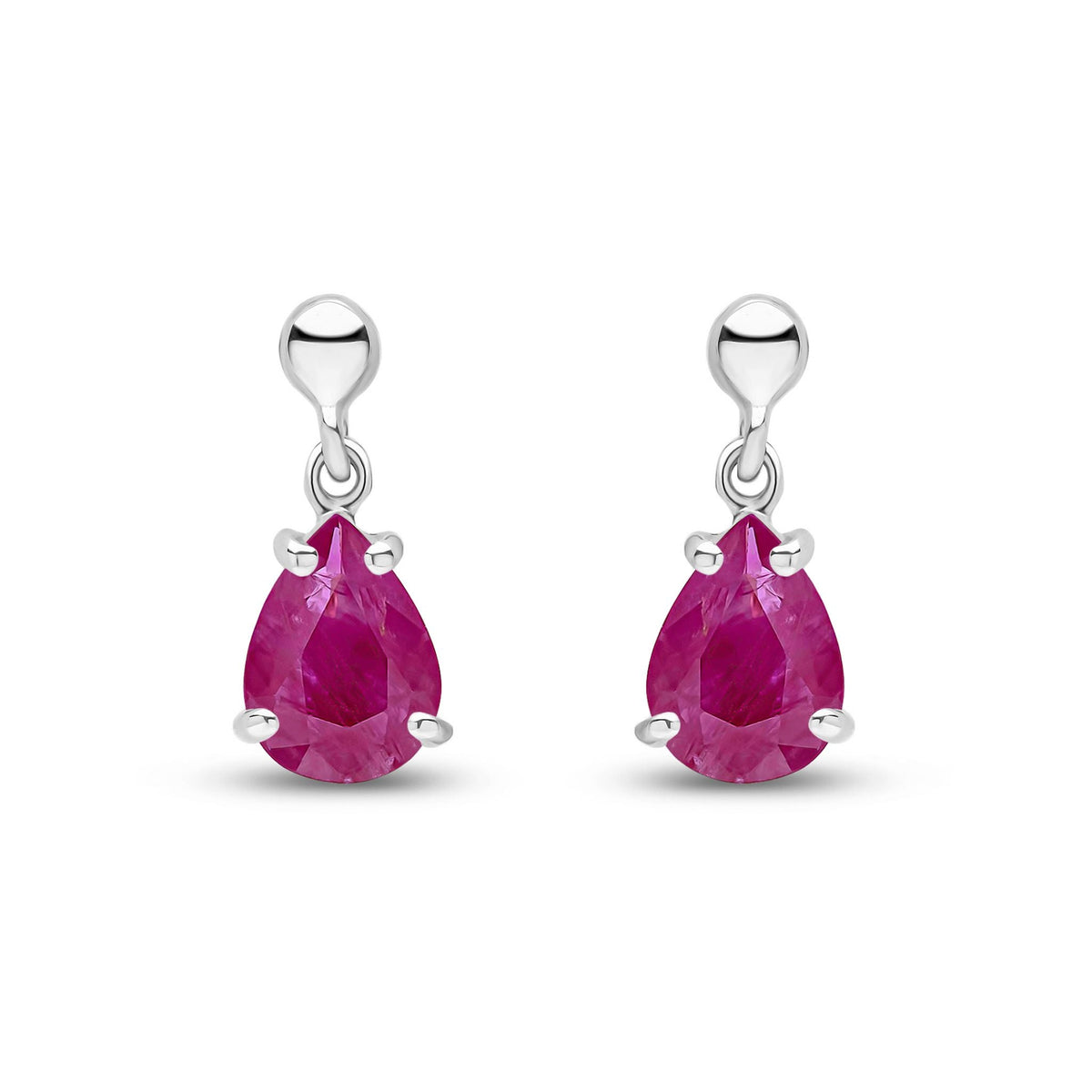 9ct White Gold Pear Shaped Natural Ruby Claw Drop Earrings — 7x5mm
