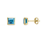 9ct Yellow Gold Square Natural Swiss Blue Topaz Rubover Stud Earrings — 5mm