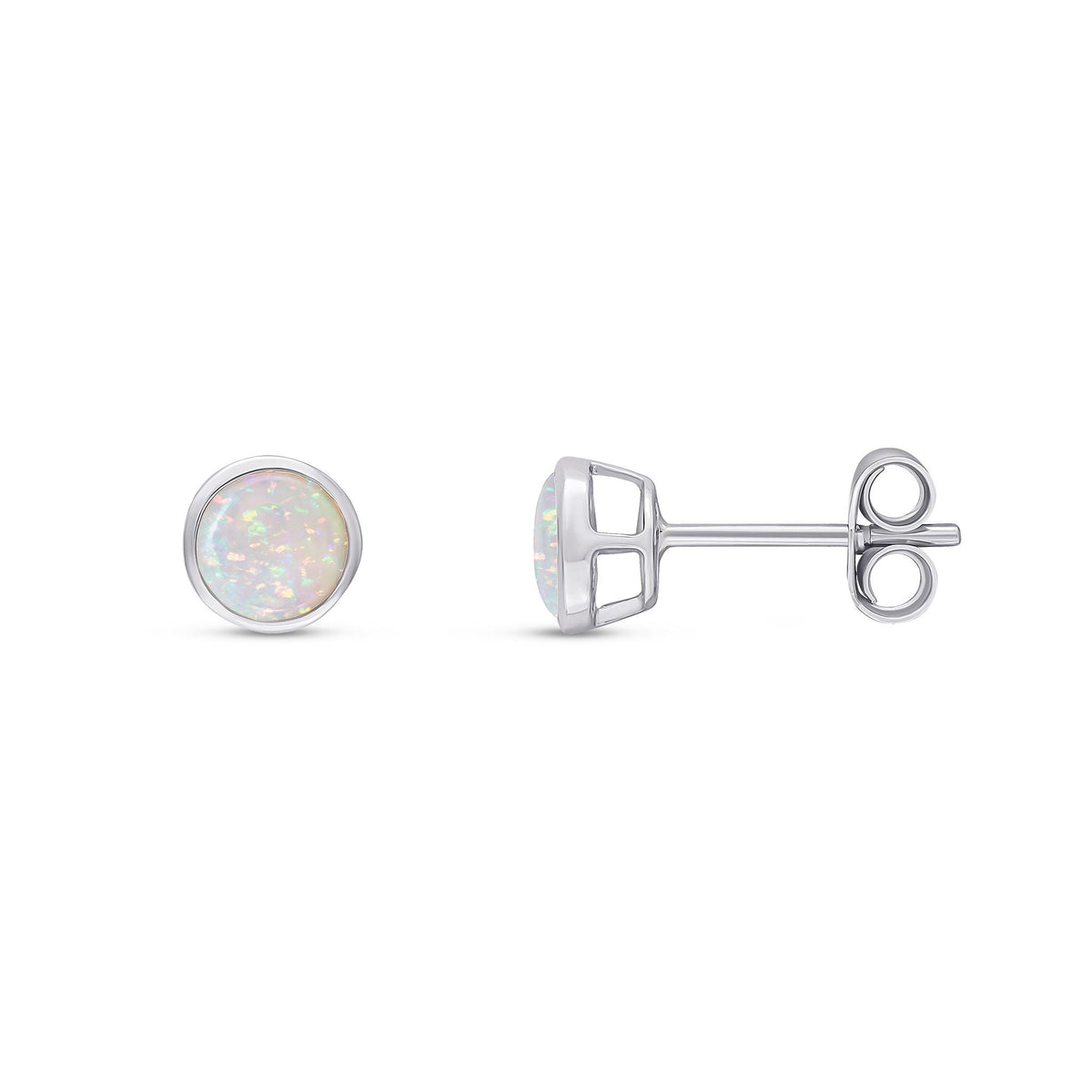 9ct White Gold Round Natural Opal Rubover Stud Earrings — 5mm