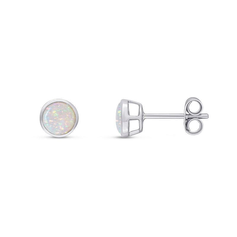 9ct White Gold Round Natural Opal Rubover Stud Earrings — 5mm