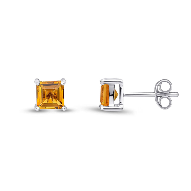 9ct White Gold Square Natural Citrine Claw Stud Earrings — 5mm