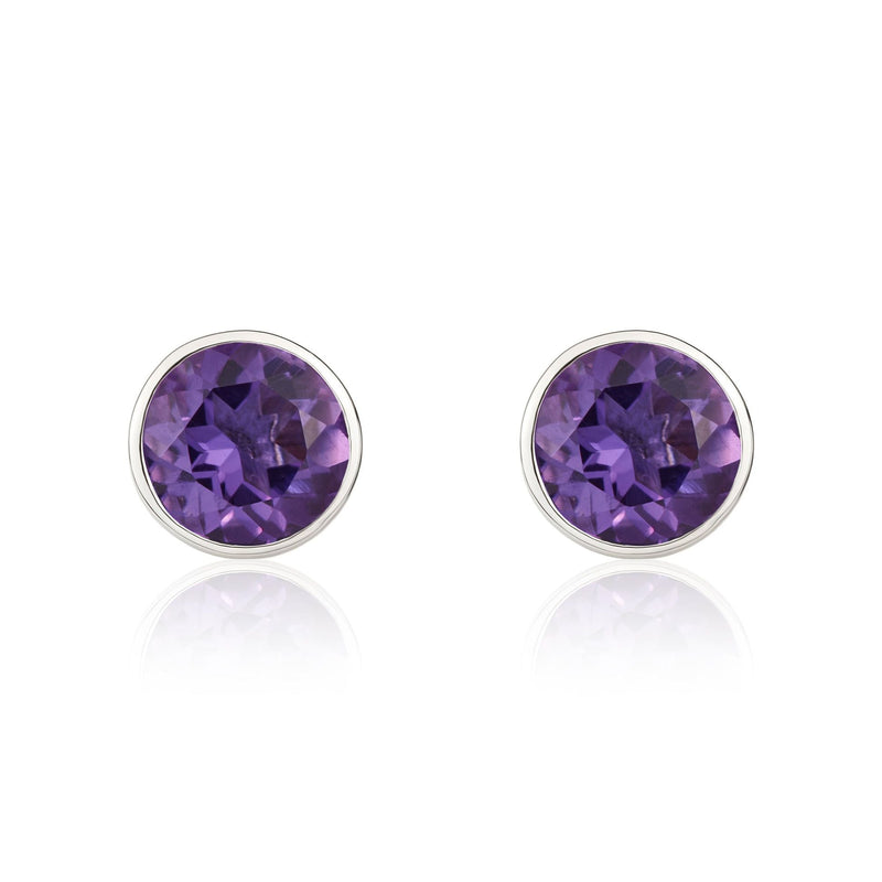 9ct White Gold Round Natural Amethyst Rubover Stud Earrings — 5mm