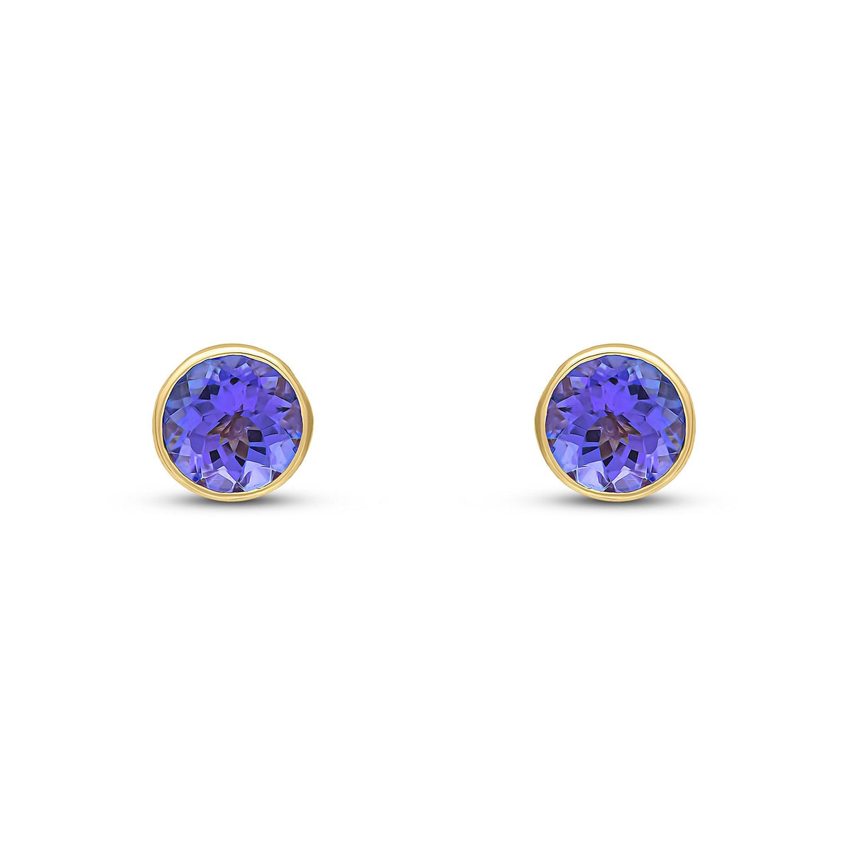 9ct Yellow Gold Round Natural Tanzanite Rubover Stud Earrings — 5mm