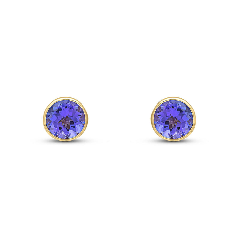9ct Yellow Gold Round Natural Tanzanite Rubover Stud Earrings — 5mm