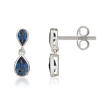 9ct White Gold Pear Shaped Natural Blue Sapphire Two Stone Rubover Drop Earrings