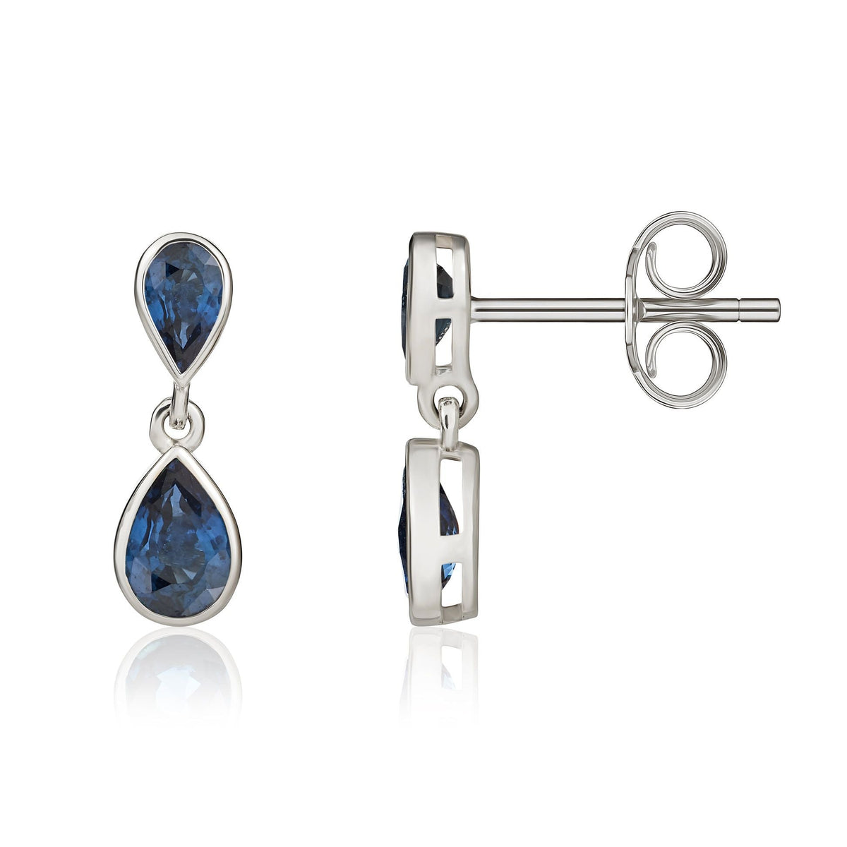 9ct White Gold Pear Shaped Natural Blue Sapphire Two Stone Rubover Drop Earrings