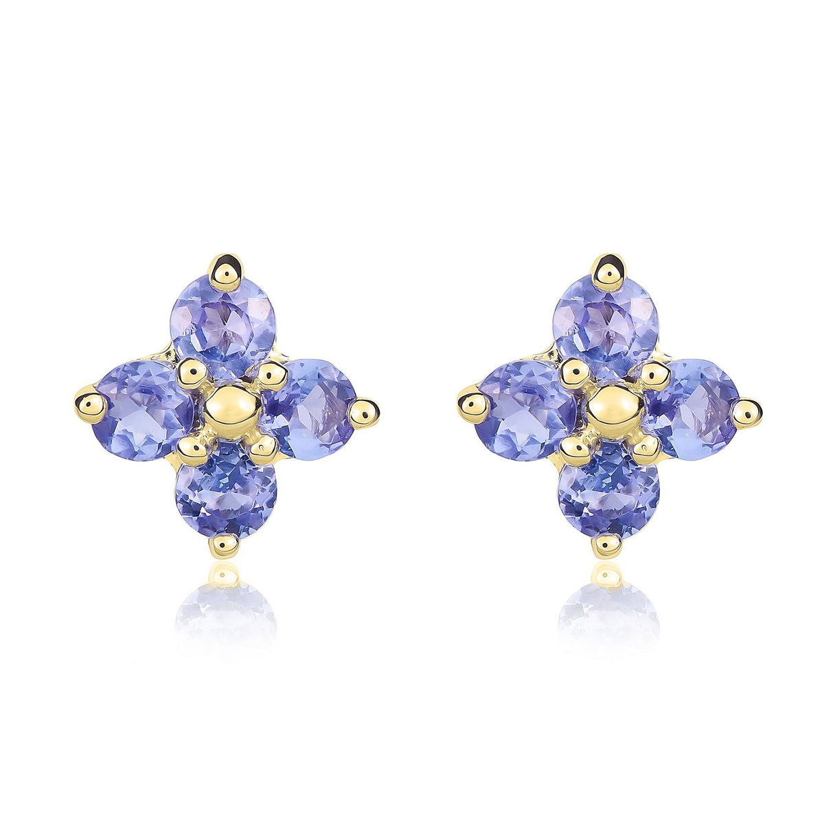 9ct Yellow Gold Round Natural Tanzanite Four Stone Cluster Stud Earrings