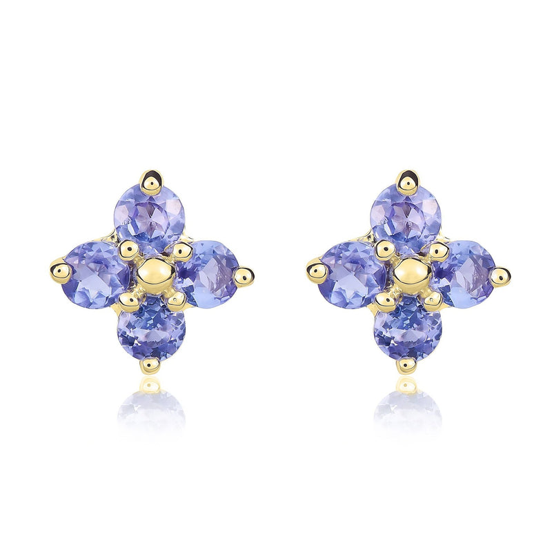 9ct Yellow Gold Round Natural Tanzanite Four Stone Cluster Stud Earrings
