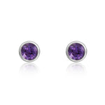 9ct White Gold Round Natural Amethyst Rubover Stud Earrings — 3mm