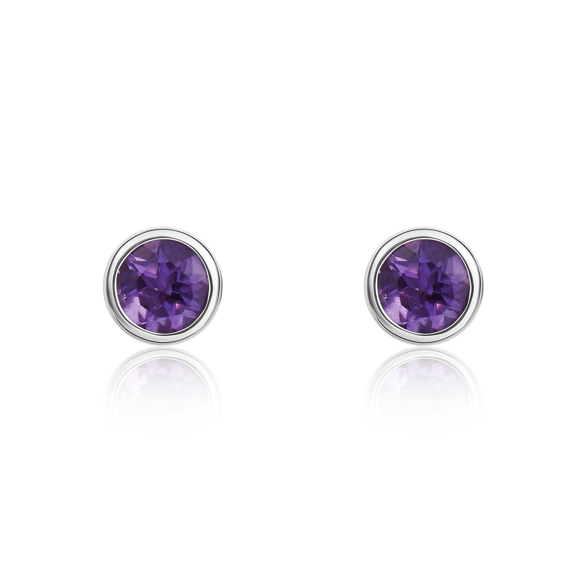 9ct White Gold Round Natural Amethyst Rubover Stud Earrings — 3mm