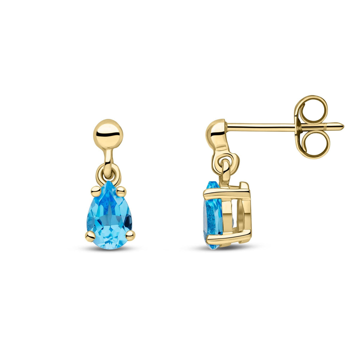 9ct Yellow Gold Pear Shaped Natural Swiss Blue Topaz Claw Drop Earrings — 6x4mm