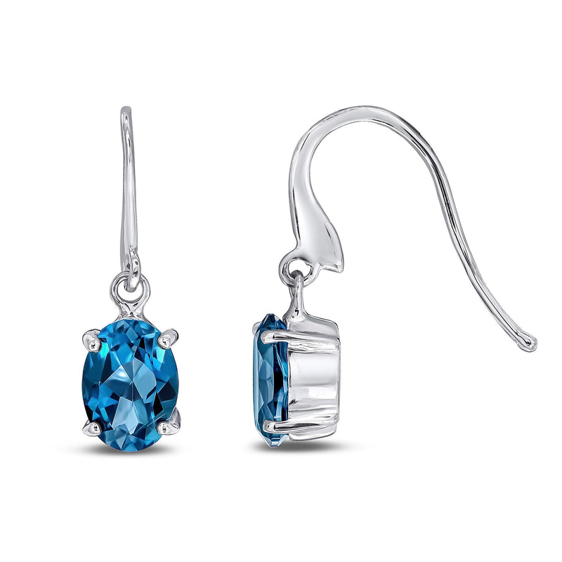 9ct White Gold Oval Natural London Blue Topaz Claw Hook Wire Drop Earrings — 7x5mm