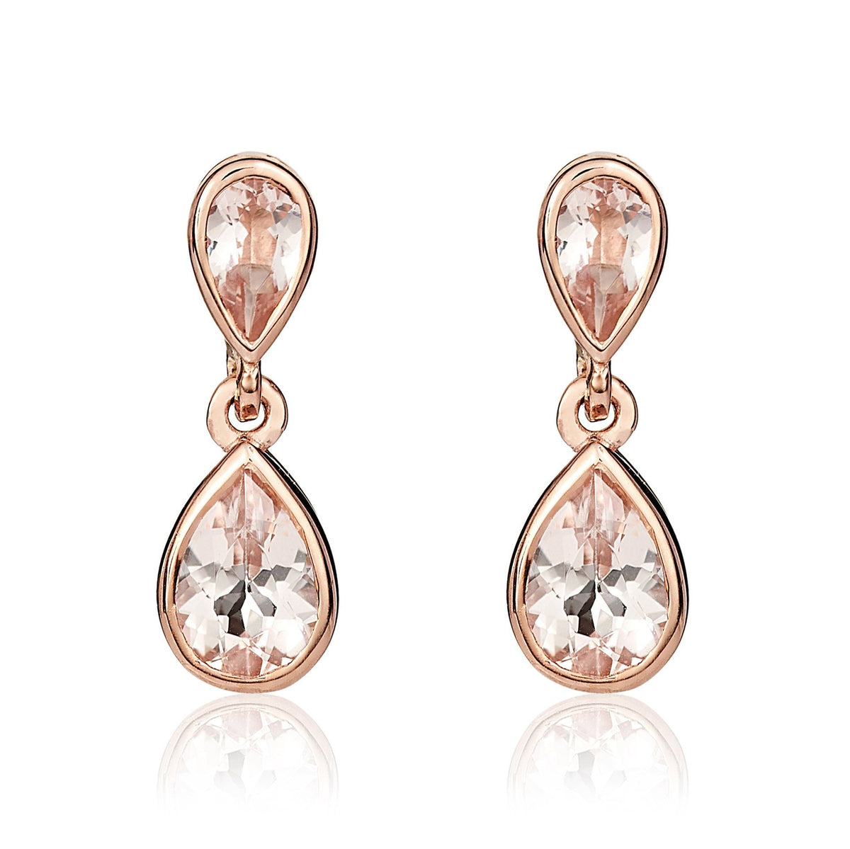 9ct Rose Gold Pear Shaped Natural Morganite Two Stone Rubover Drop Earrings