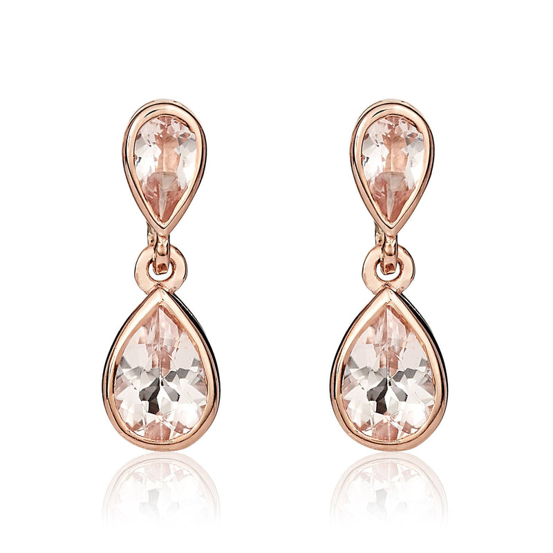 9ct Rose Gold Pear Shaped Natural Morganite Two Stone Rubover Drop Earrings