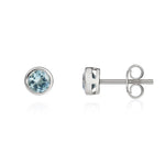 9ct White Gold Round Natural Aquamarine Rubover Stud Earrings — 4mm