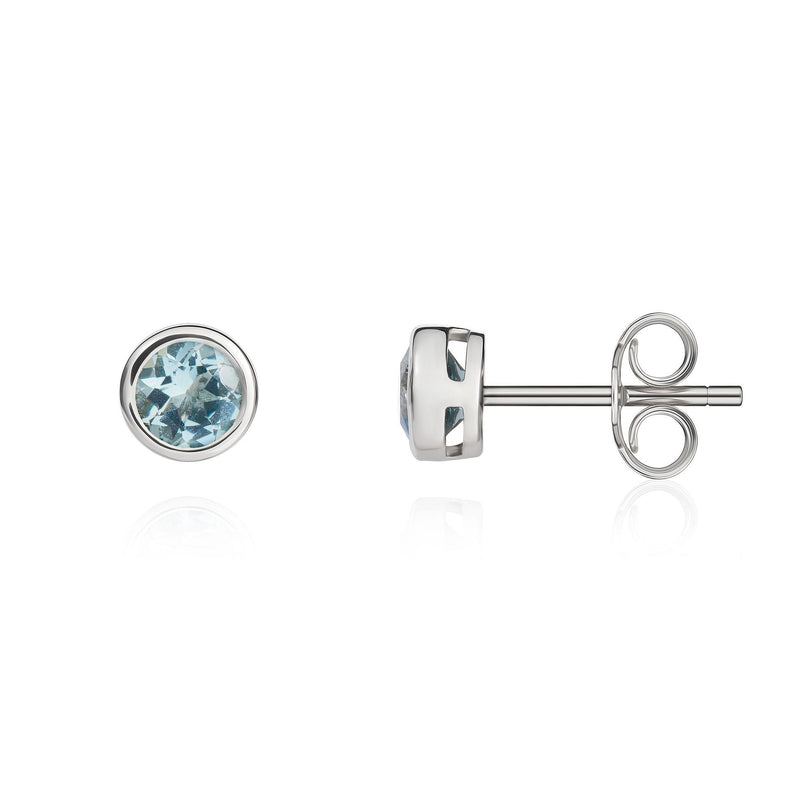 9ct White Gold Round Natural Aquamarine Rubover Stud Earrings — 4mm