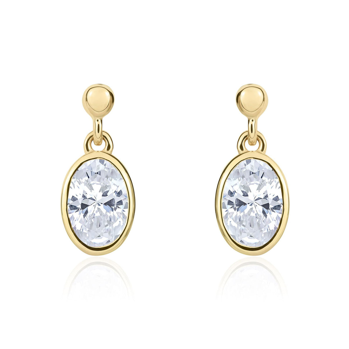 9ct Yellow Gold Oval Cubic Zirconia CZ Rubover Drop Earrings — 6x4mm