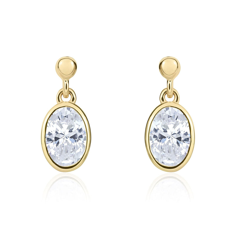 9ct Yellow Gold Oval Cubic Zirconia CZ Rubover Drop Earrings — 6x4mm