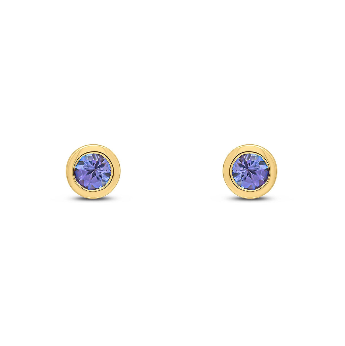 9ct Yellow Gold Round Natural Tanzanite Rubover Stud Earrings — 3mm
