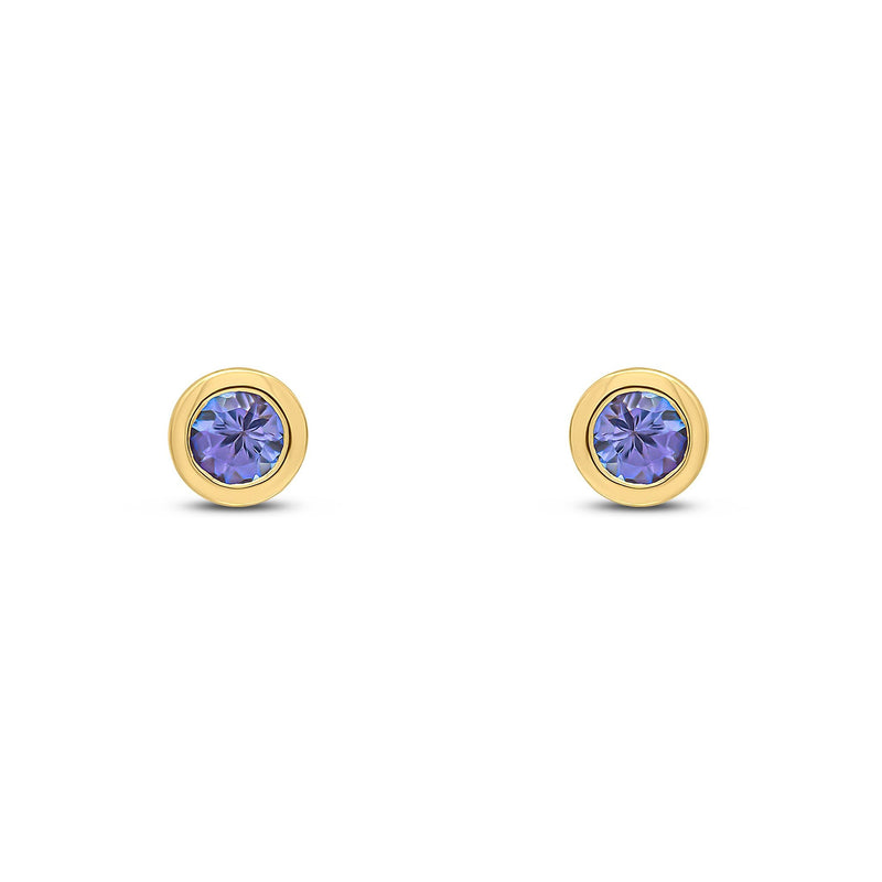9ct Yellow Gold Round Natural Tanzanite Rubover Stud Earrings — 3mm