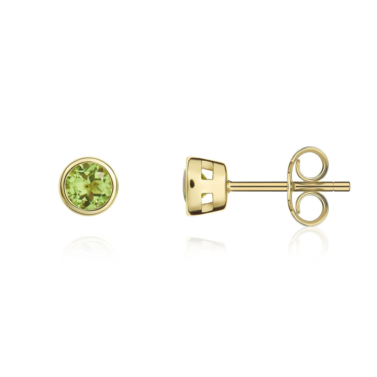 9ct Yellow Gold Round Natural Peridot Rubover Stud Earrings — 3mm