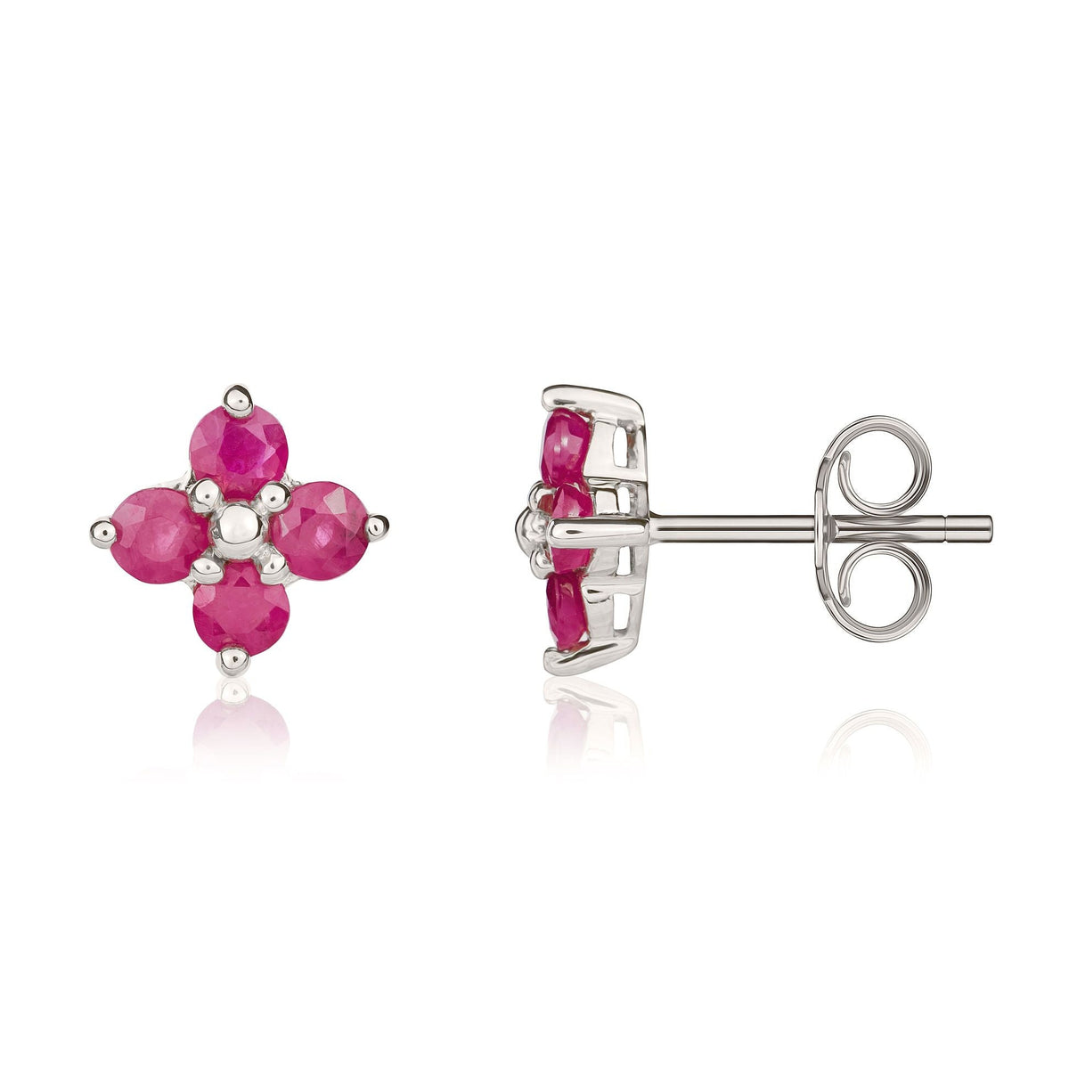 9ct White Gold Round Natural Ruby Four Stone Cluster Stud Earrings