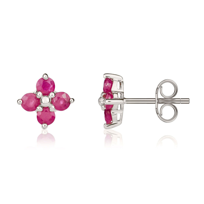 9ct White Gold Round Natural Ruby Four Stone Cluster Stud Earrings