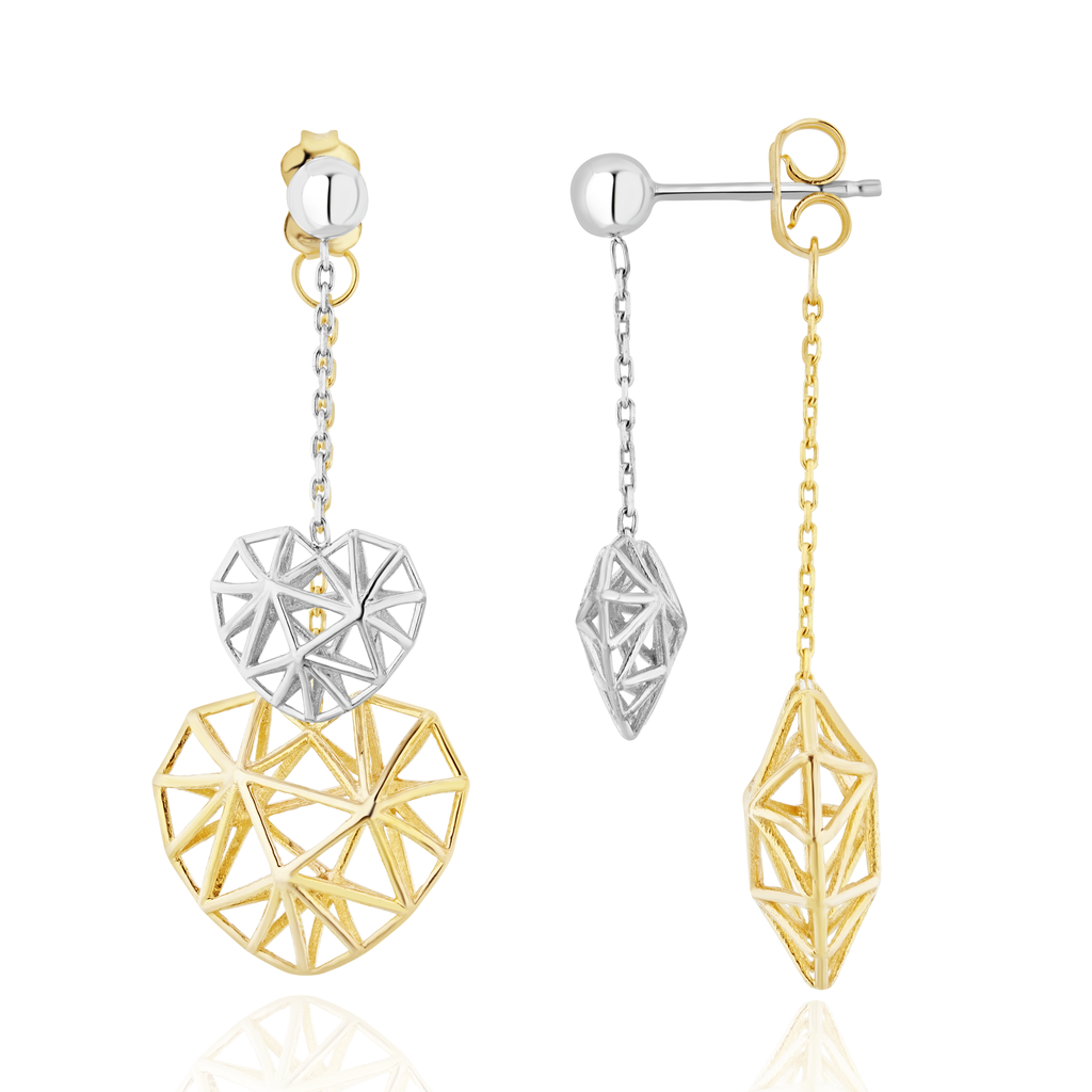 9ct Two Tone White and Yellow Gold Chain and Double Heart Drop Earrings