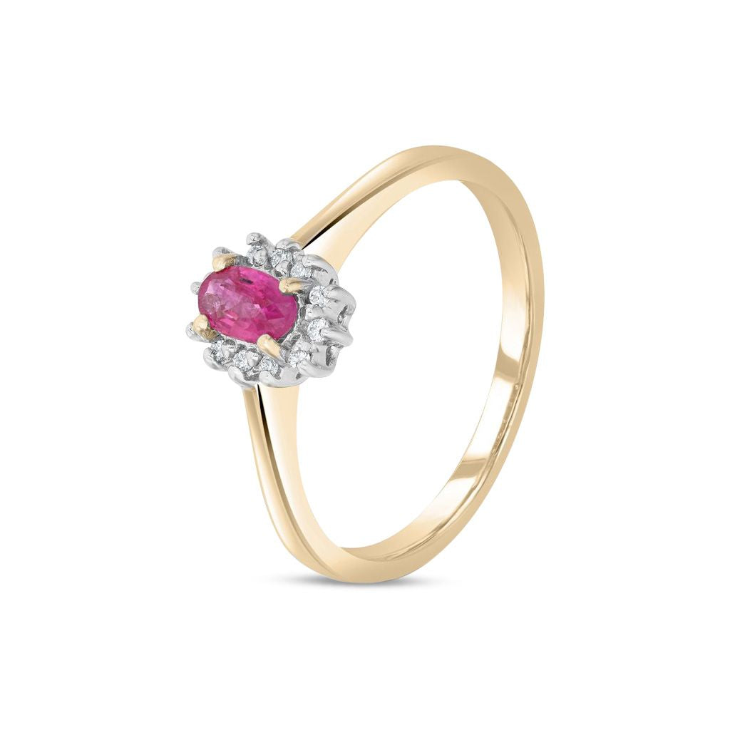 9ct Yellow Gold Oval Natural Ruby and Diamond Claw Set Cluster Ring — 5x3mm