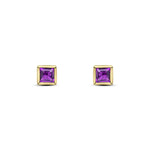 9ct Yellow Gold Square Natural Amethyst Rubover Stud Earrings — 3mm